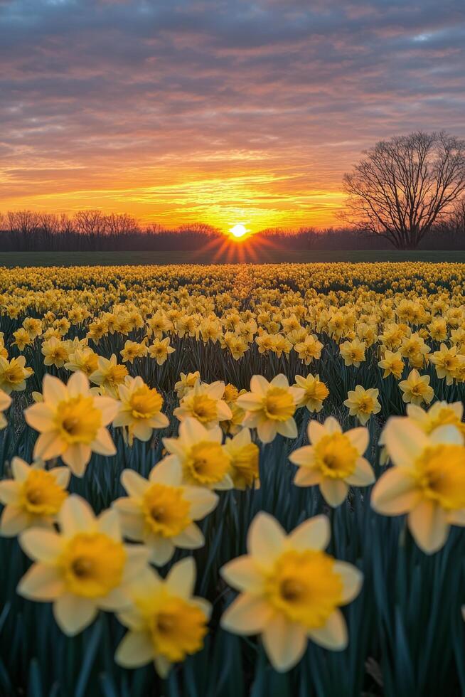 Vibrant daffodil field at sunset showcasing natures beauty and tranquility photo