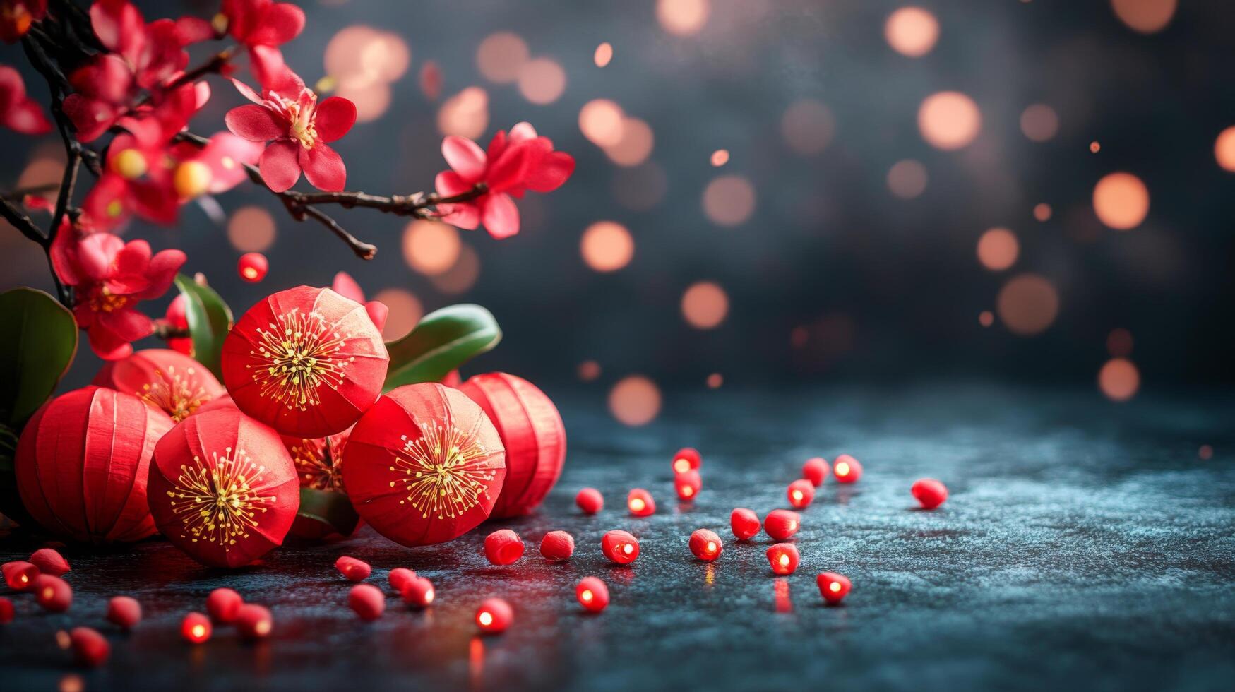 Celebration of spring with red decorative elements and cherry blossom branches in vibrant setting photo