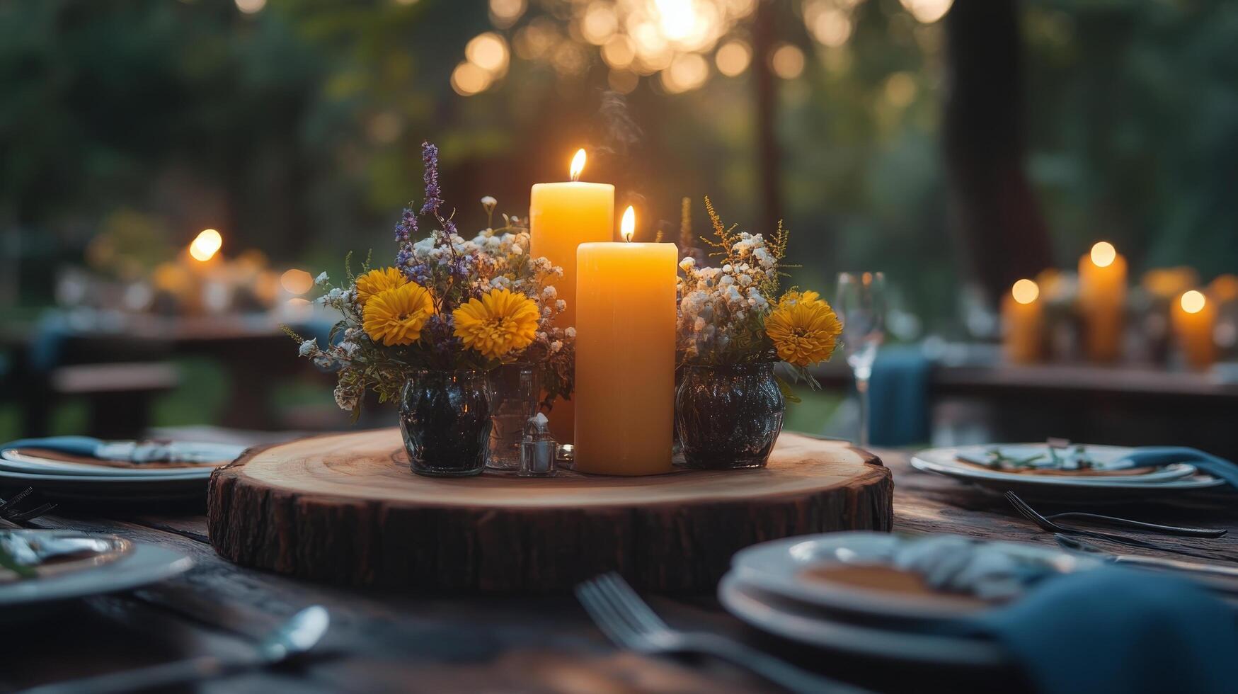 Beautiful floral arrangement with candles in a cozy indoor setting during evening hours photo