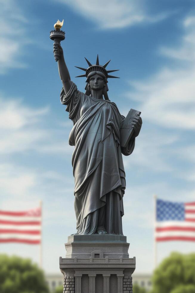 Statue of Liberty standing tall with flags waving in the background during a sunny day photo