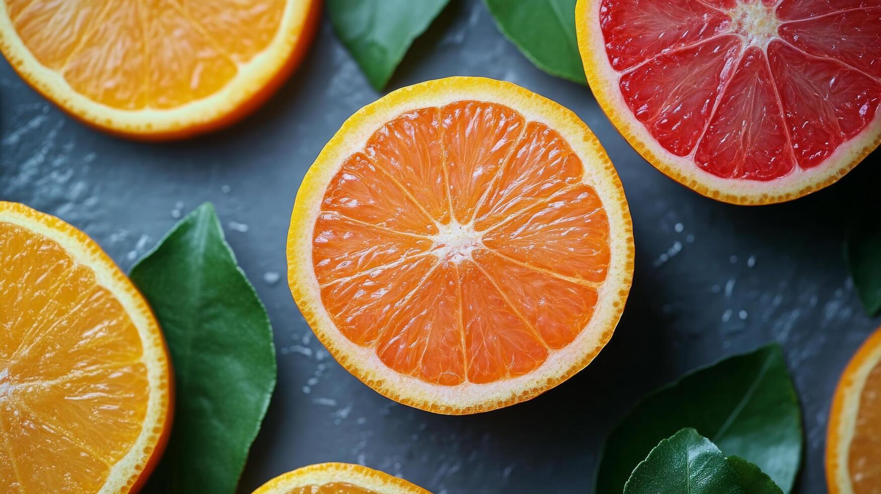Fresh oranges and green leaves arranged on a teal background for a vibrant display photo