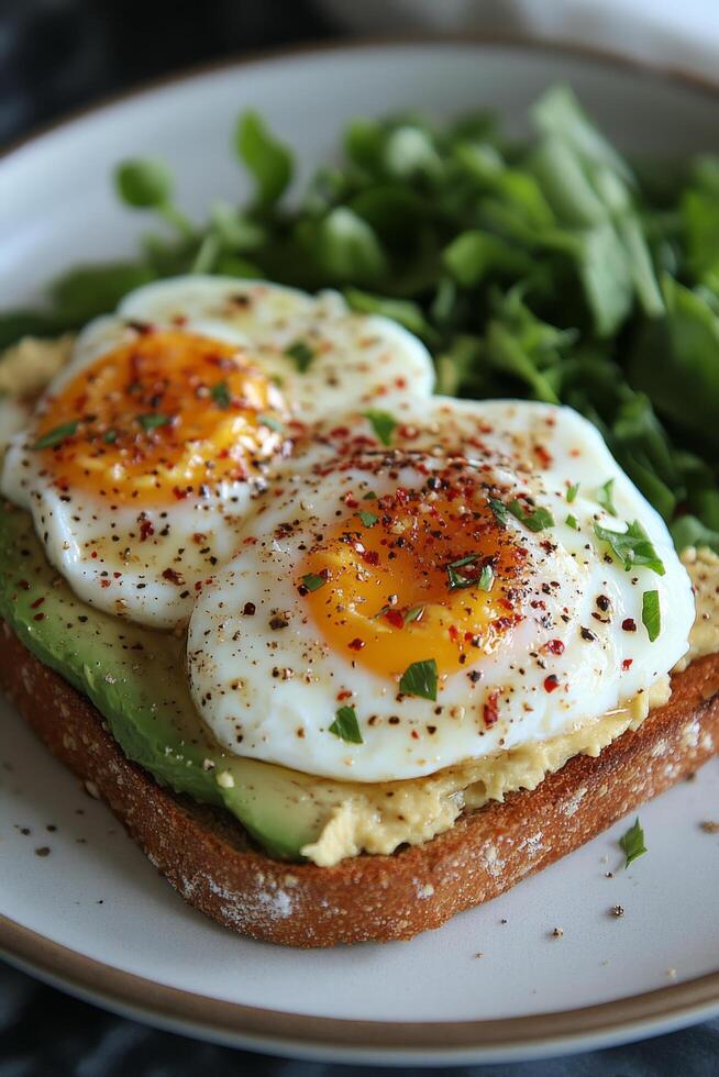 Delicious avocado toast topped with poached eggs served with fresh greens in a stylish setting photo