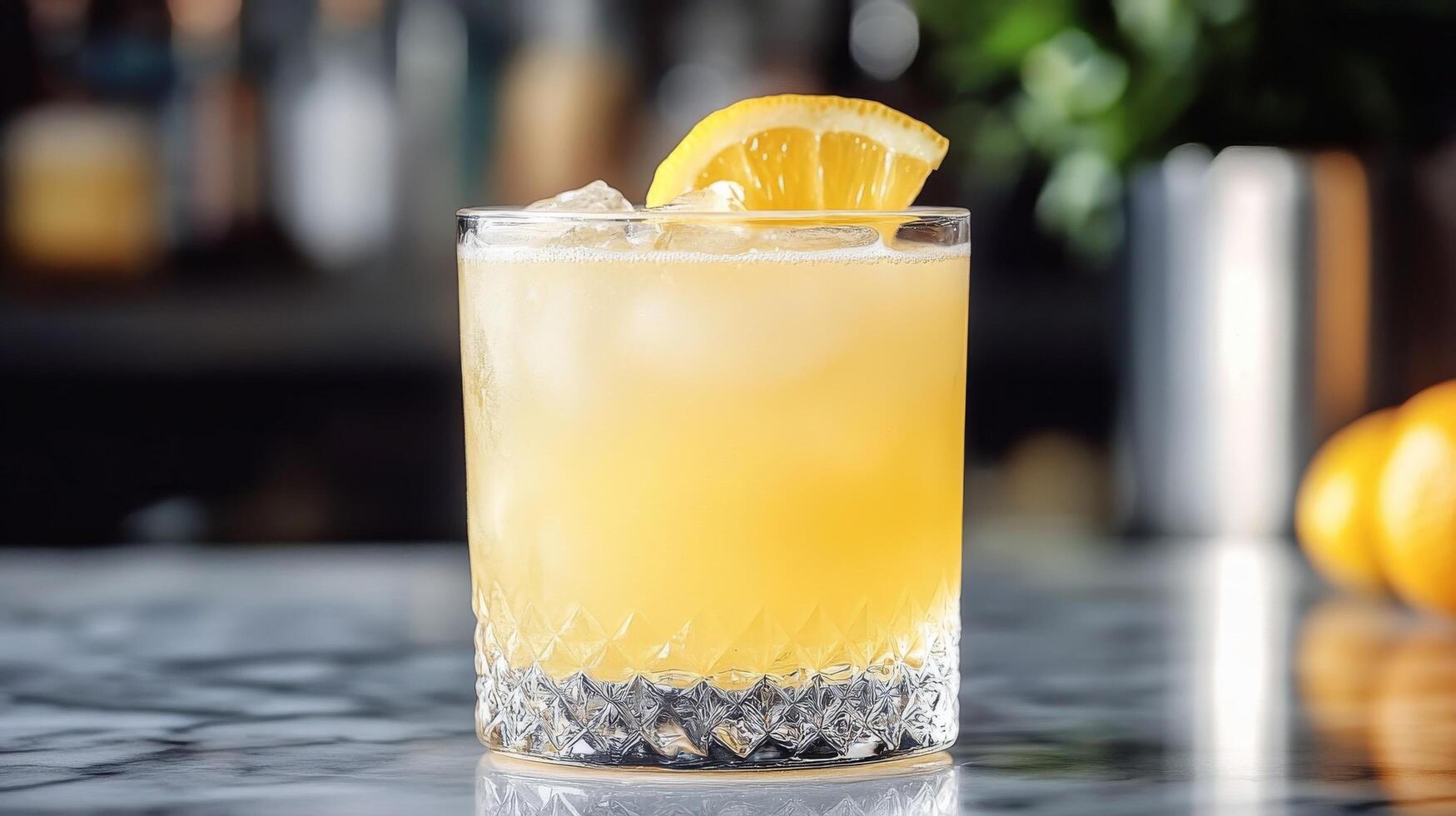 Refreshing lemon beverage on a sunny kitchen counter with bright yellow tiles photo