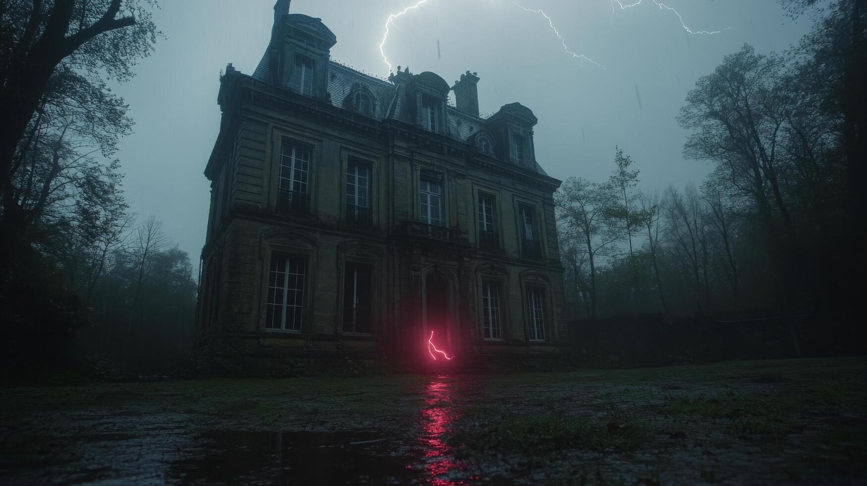 Dark stormy night at an old mansion illuminated by lightning in a gloomy atmosphere photo