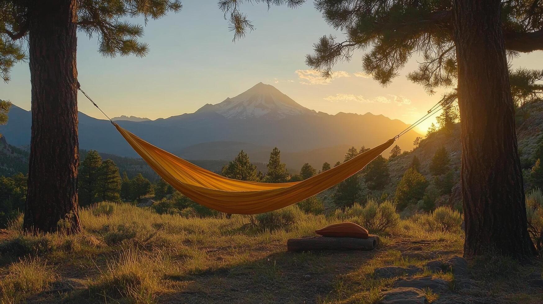 Relaxing in a hammock amidst majestic mountains at sunset in a serene landscape photo