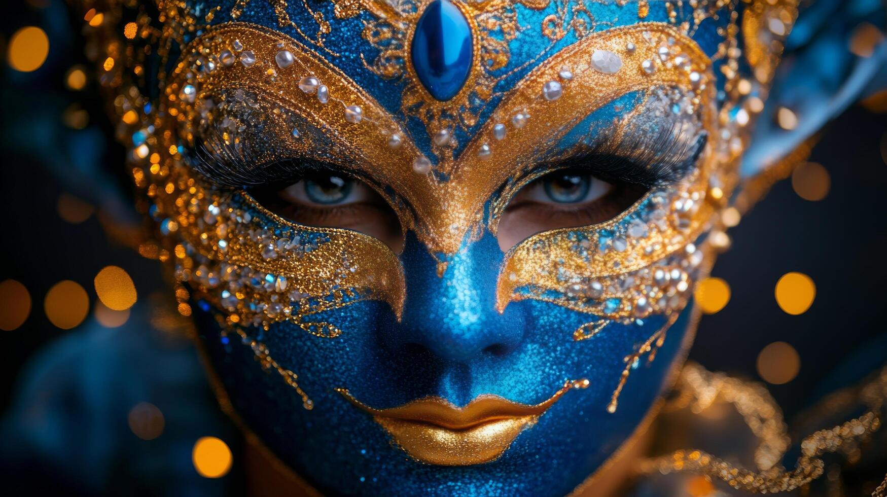 Mysterious figure in ornate mask with golden details and blue eyes during an evening celebration photo