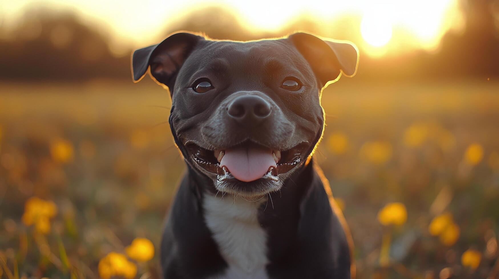 Happy dog resting in a blooming field during sunset in warm evening light photo