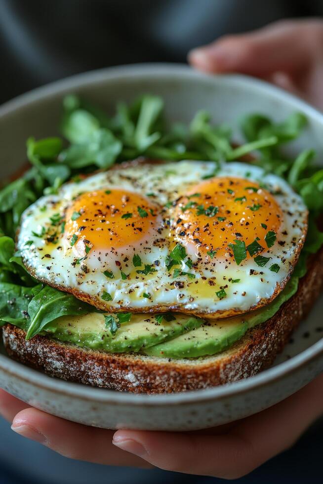 Delicious avocado toast topped with poached eggs served with fresh greens in a stylish setting photo