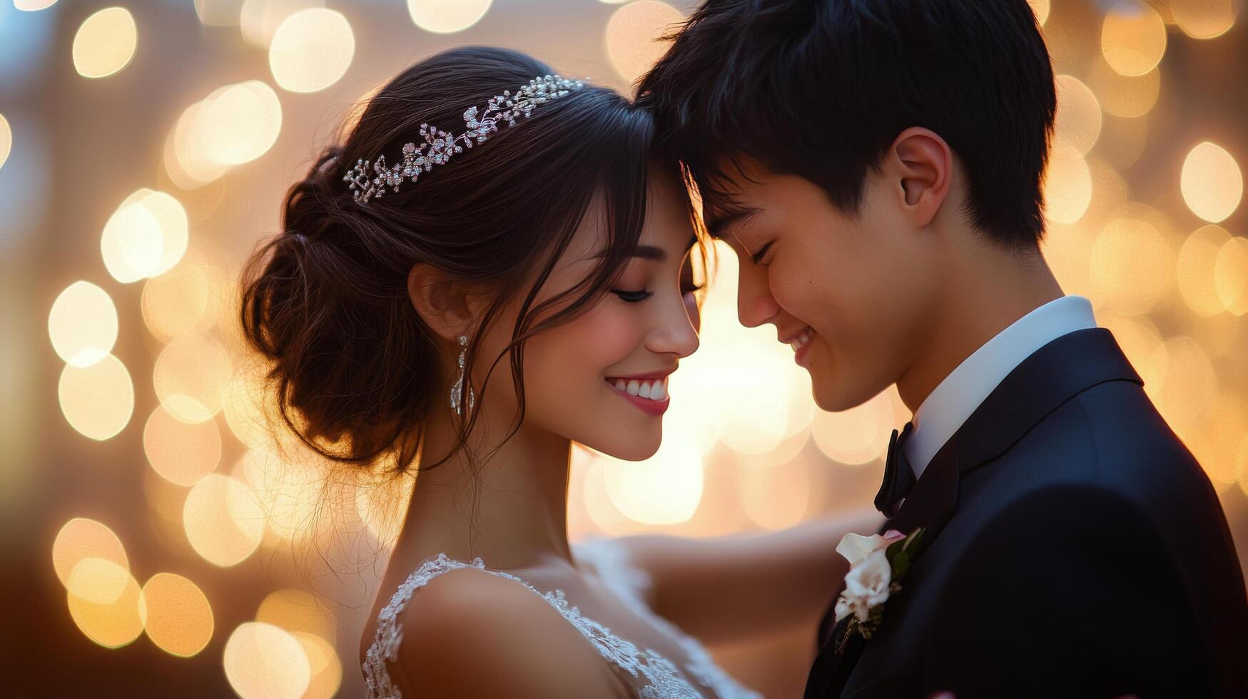 Smiling couple shares a romantic moment at a wedding reception under glowing lights photo