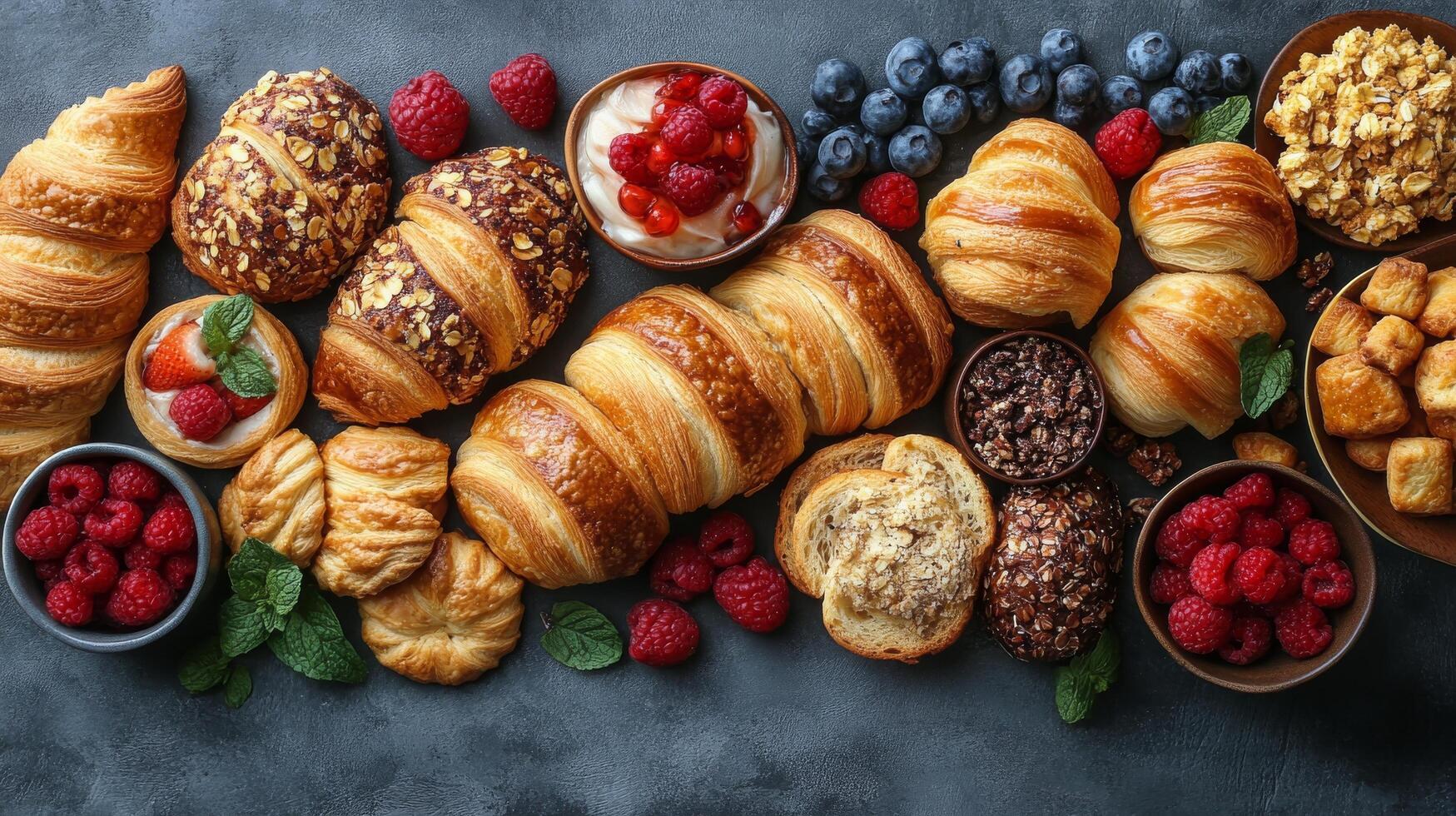Freshly baked pastries and berries arranged on a dark surface for a delightful snack spread photo