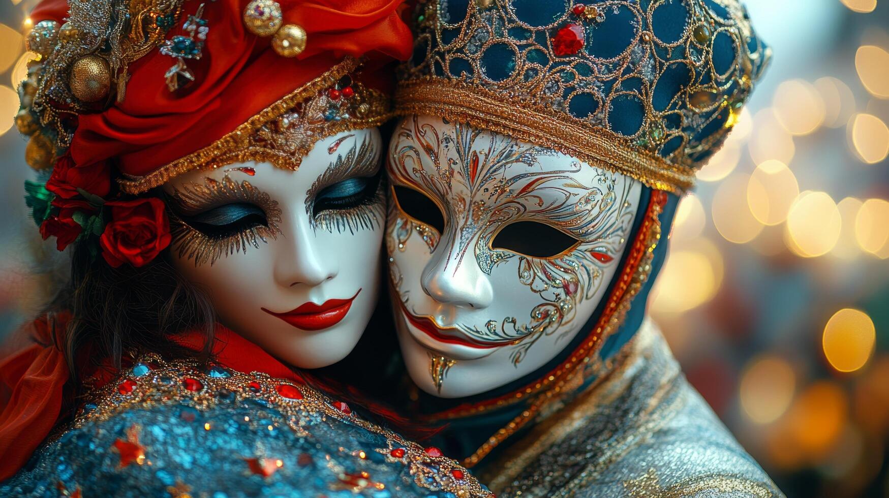 Masquerade couple shares a romantic moment during winter carnival in a charming city setting photo