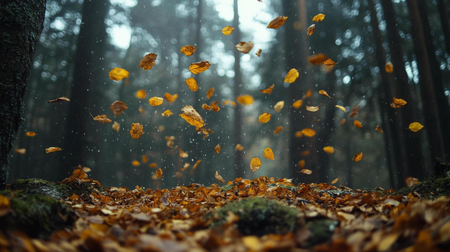 Colorful autumn leaves swirl in a tranquil forest setting during autumn photo