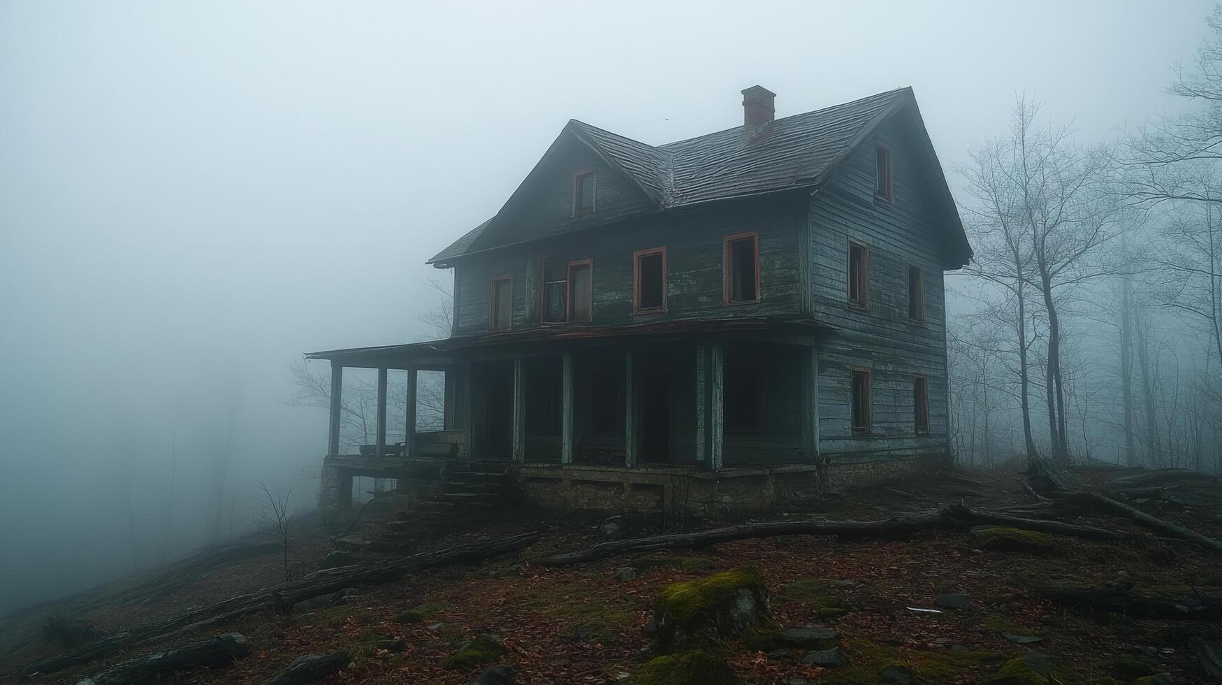 Eerie abandoned house surrounded by fog on a dark and misty evening photo