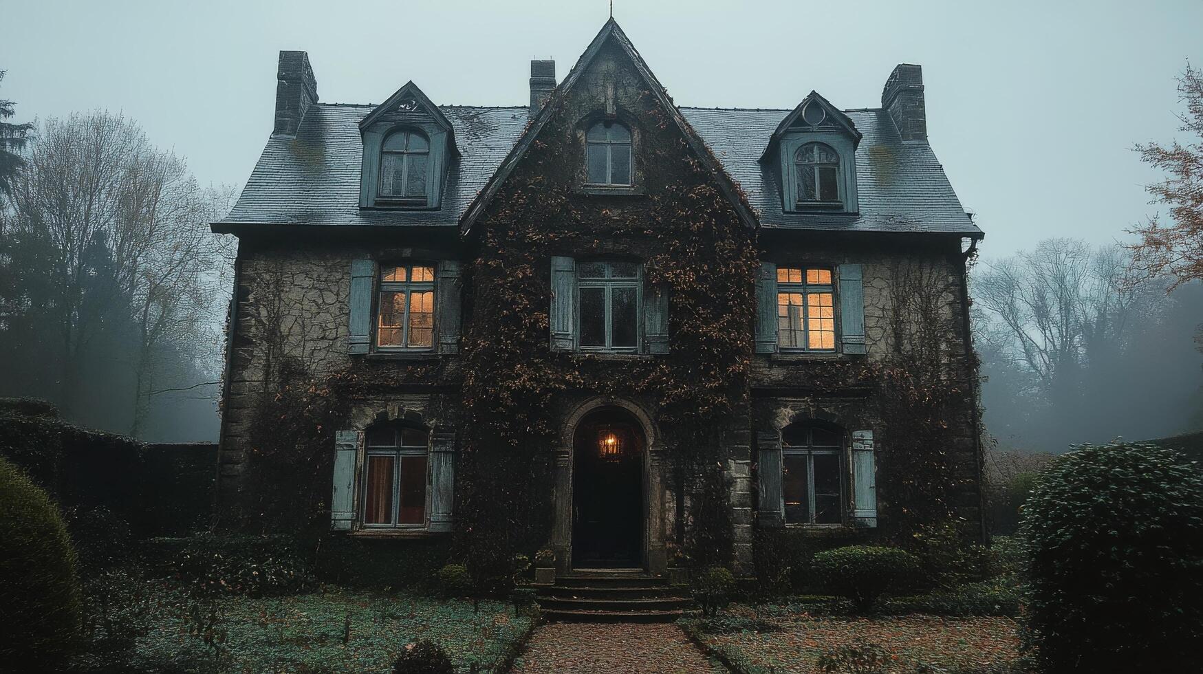 Abandoned house surrounded by fog in a dense forest during a gloomy evening photo