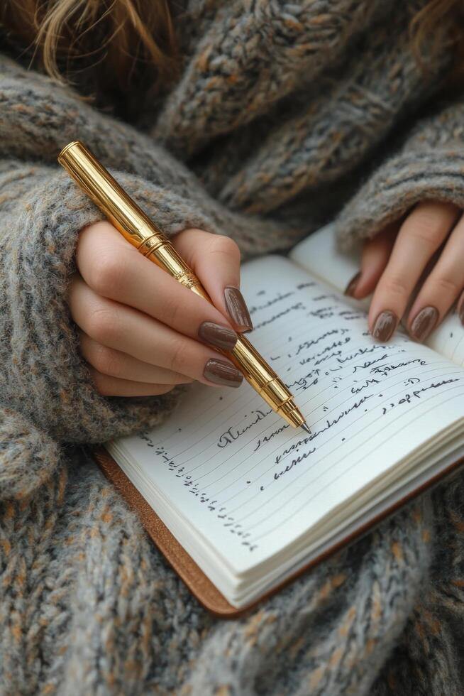 Handwritten notes are being taken in a vintage notebook with a fountain pen on a wooden table photo