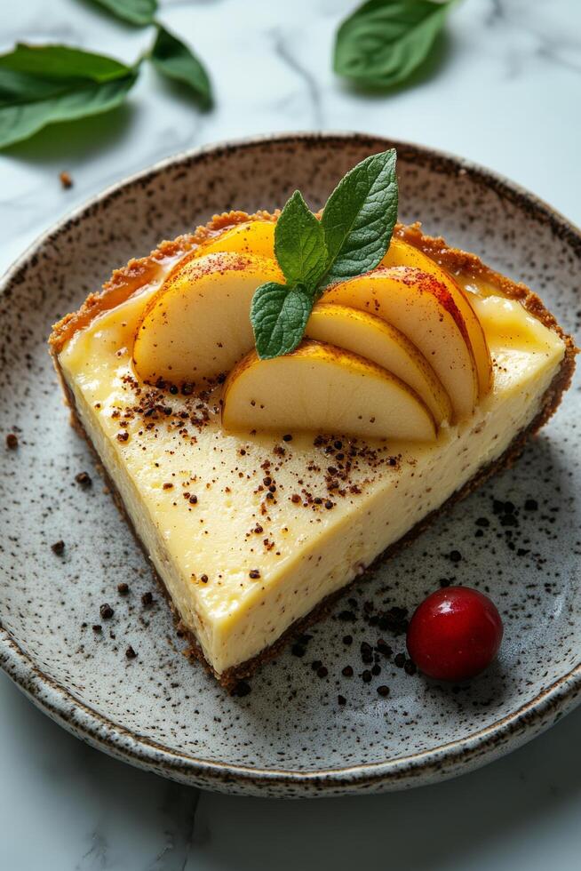Delicious cheesecake slice topped with nuts served on a rustic plate with fork photo