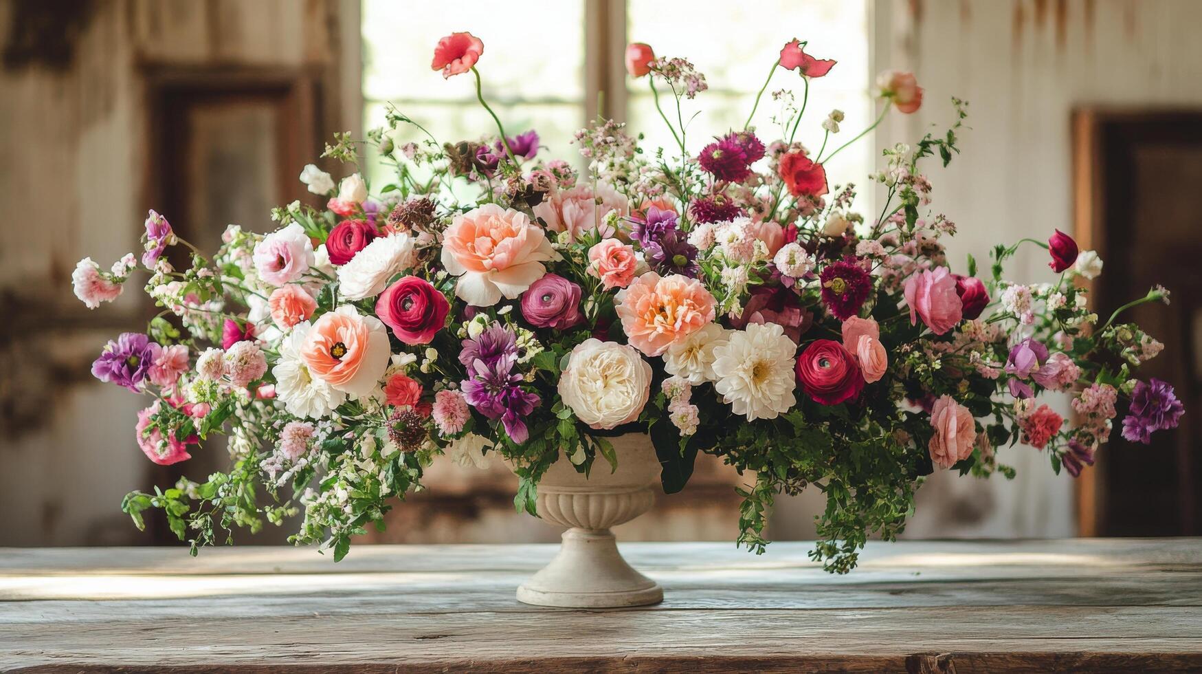 Beautiful floral arrangement displayed on a rustic table in a bright indoor setting photo