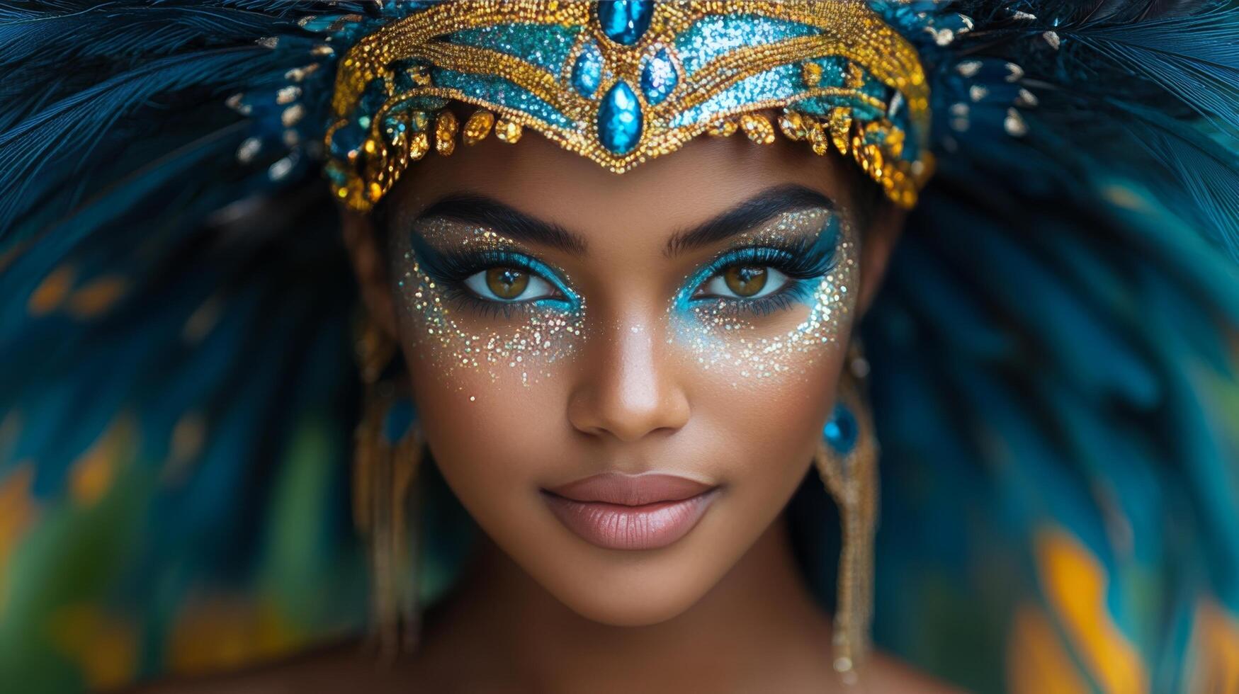 Stunning portrait of a dancer adorned with vibrant feathers and glittering makeup photo