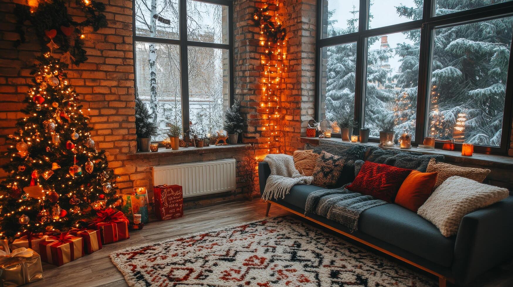 Cozy winter living room decorated for the holidays with a Christmas tree and snow outside photo