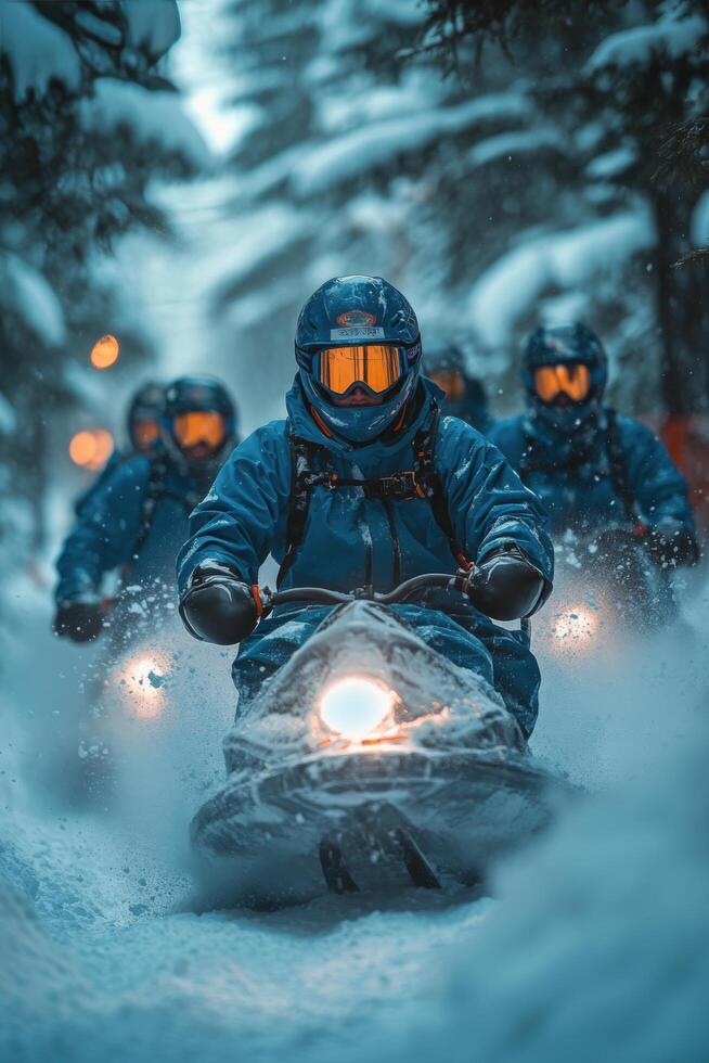 Snowmobile adventure through snowy forest trails during winter exploration photo