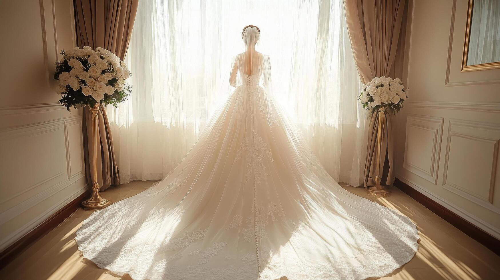 Bride in elegant wedding dress stands by window radiating soft sunlight in a beautiful setting photo