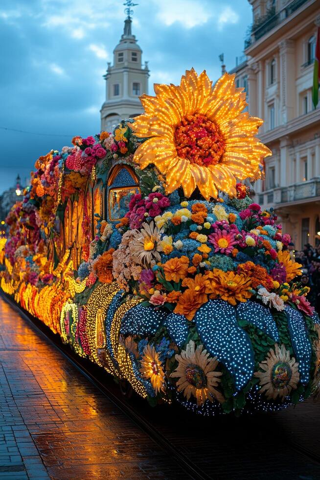 Colorful floral parade vehicle illuminated at dusk in a vibrant city setting photo