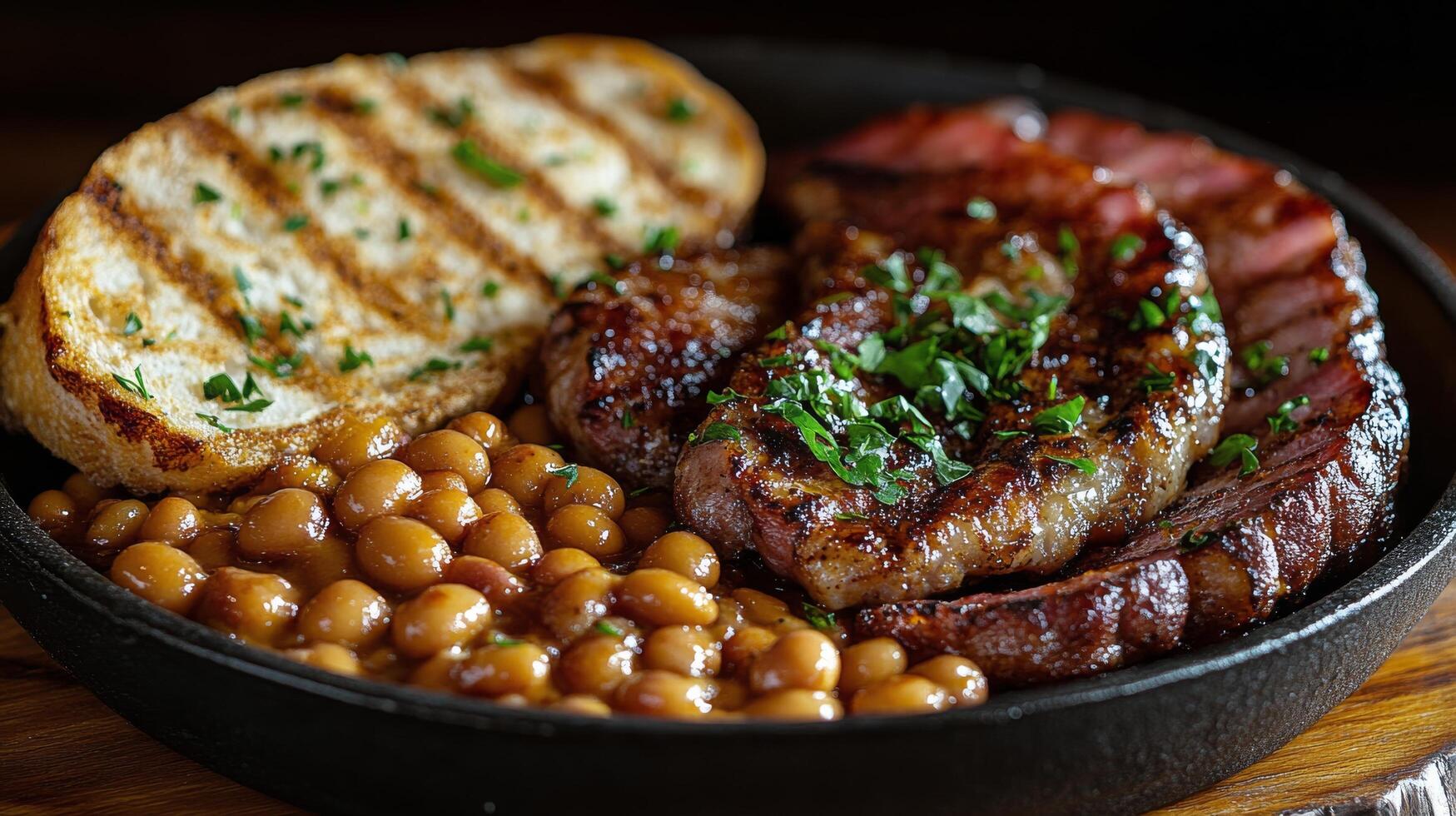 Delicious breakfast plate featuring crispy bacon, egg, toast, and baked beans near fire setting photo