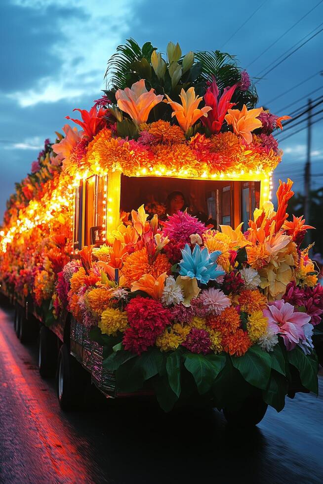 Colorful floral parade vehicle illuminated at dusk in a vibrant city setting photo
