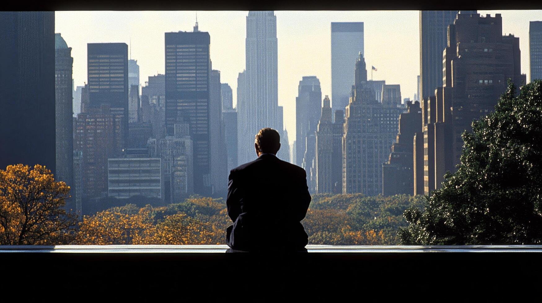 Man gazing at city skyline with autumn foliage in foreground during late afternoon photo