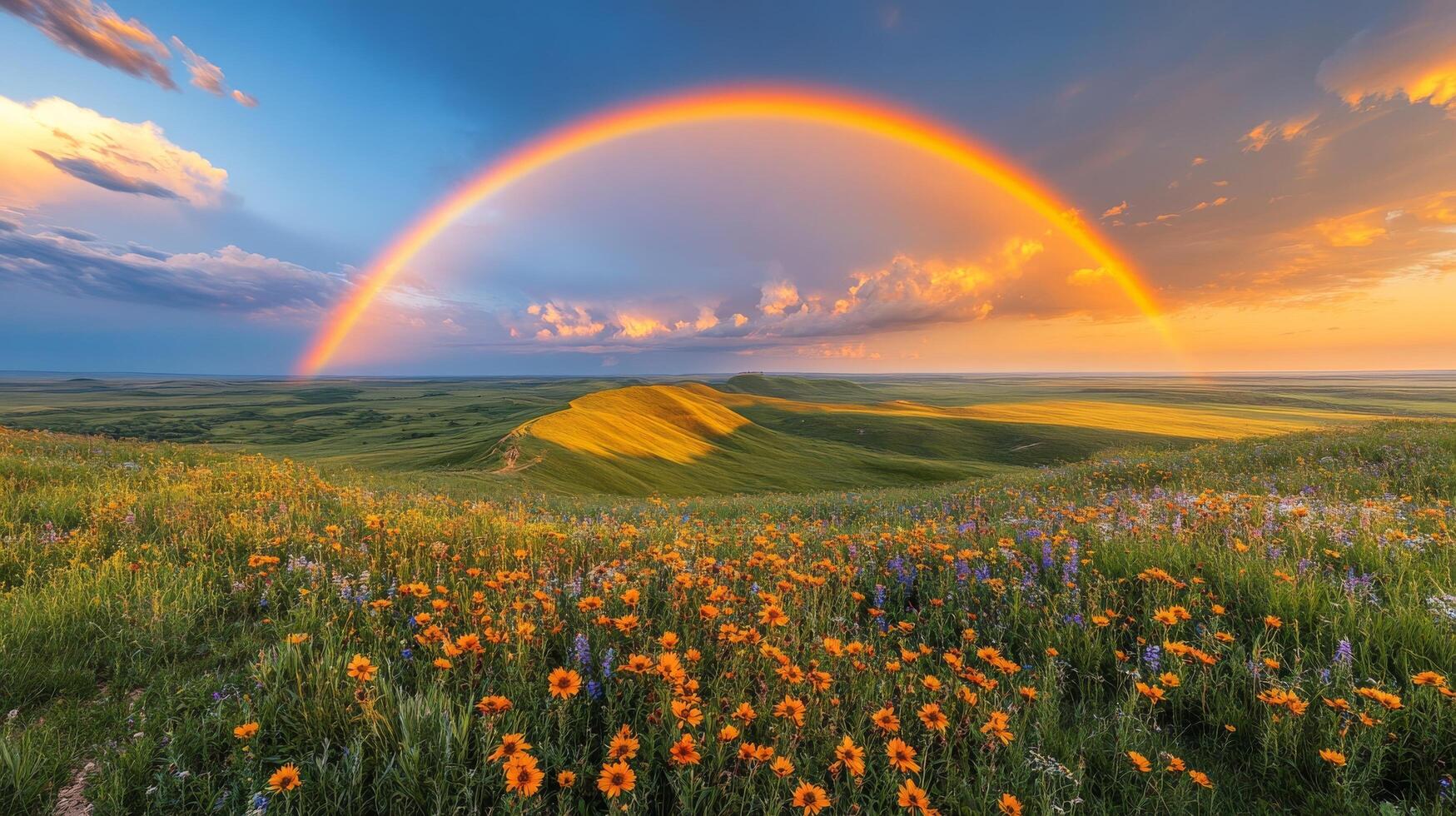 Vibrant sunflower field under a rainbow with a rustic house near a winding dirt road photo