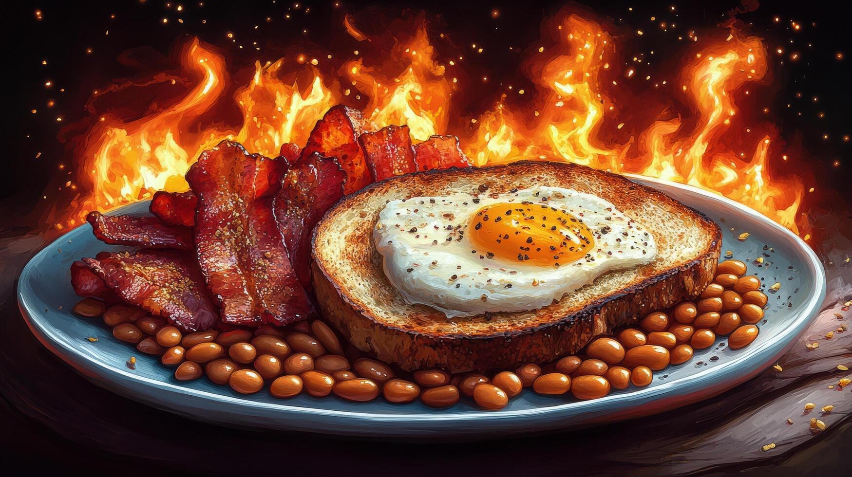 Delicious breakfast plate featuring crispy bacon, egg, toast, and baked beans near fire setting photo
