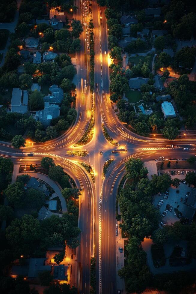 Busy roundabout in a suburban area surrounded by lush greenery during golden hour photo