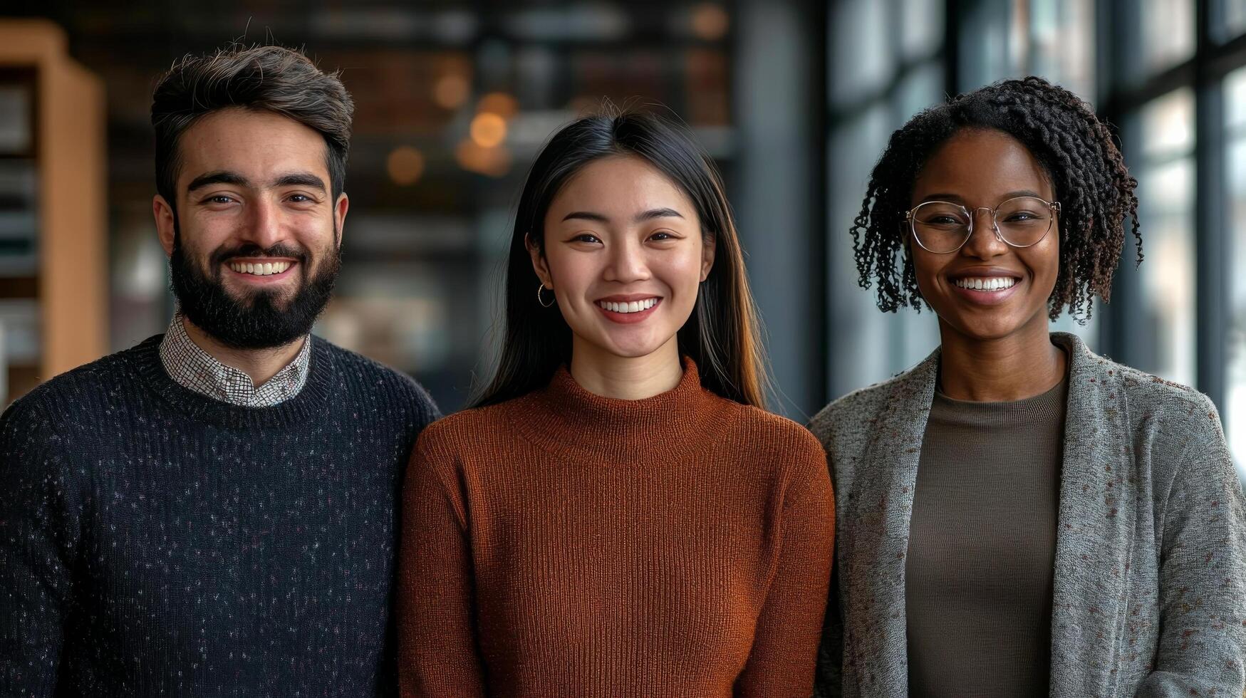 Group of smiling individuals posing together in a casual environment with warm lighting photo