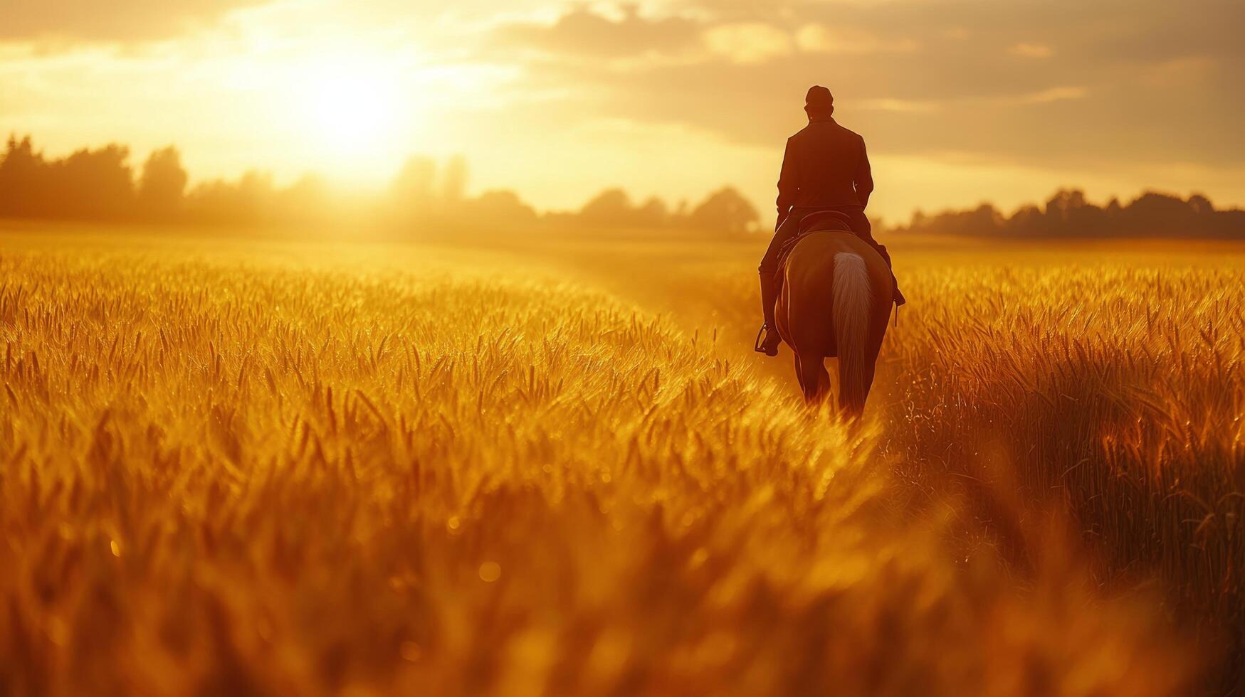 Riding into the sunset through golden fields with a horse at dusk photo