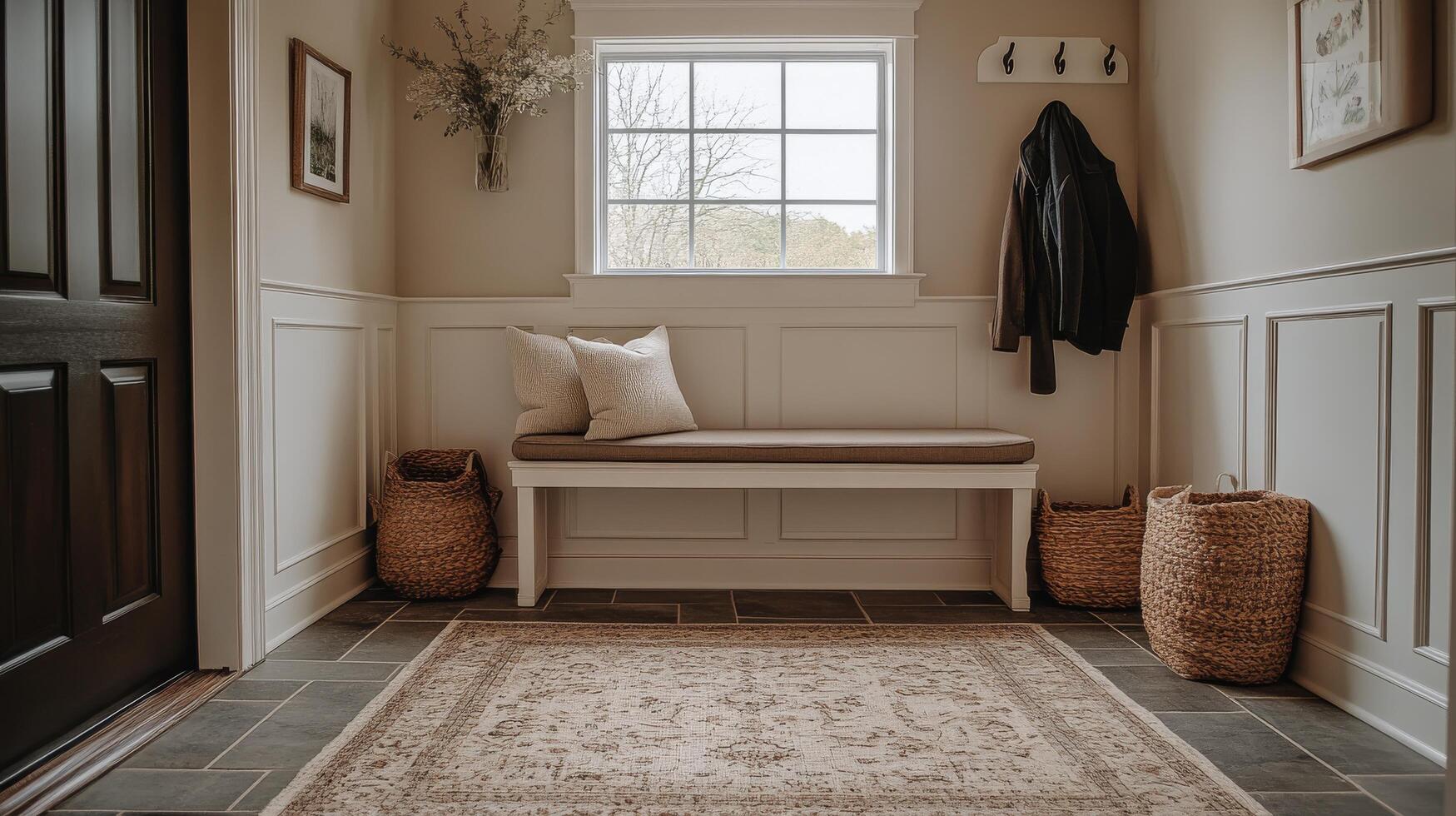 Minimalist interior design featuring wooden bench and framed art near large window photo