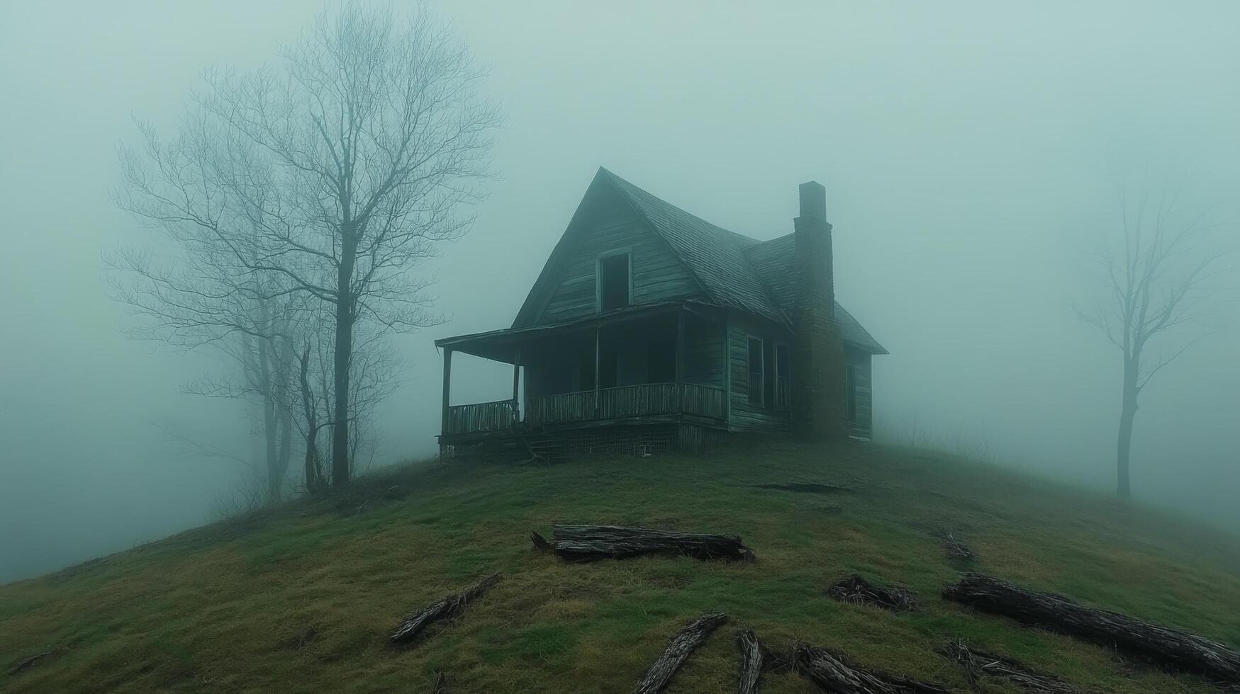 Eerie abandoned house surrounded by fog on a dark and misty evening photo