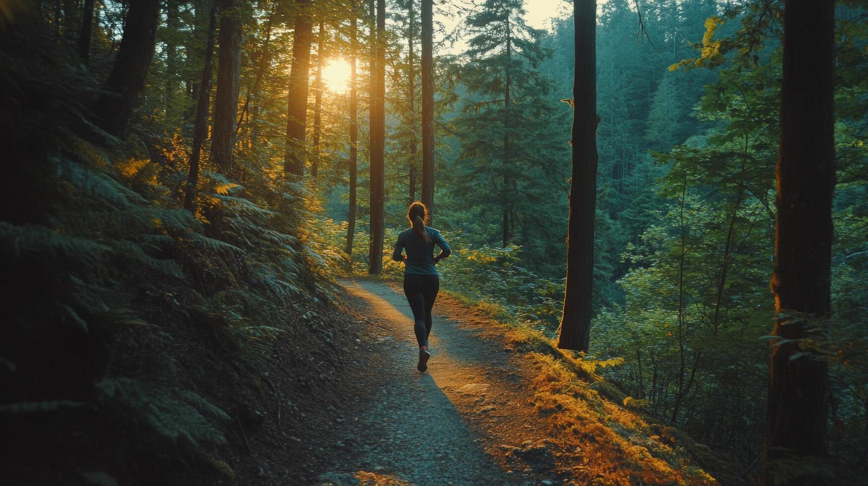 Woman jogging along a forest path surrounded by lush greenery and autumn foliage photo