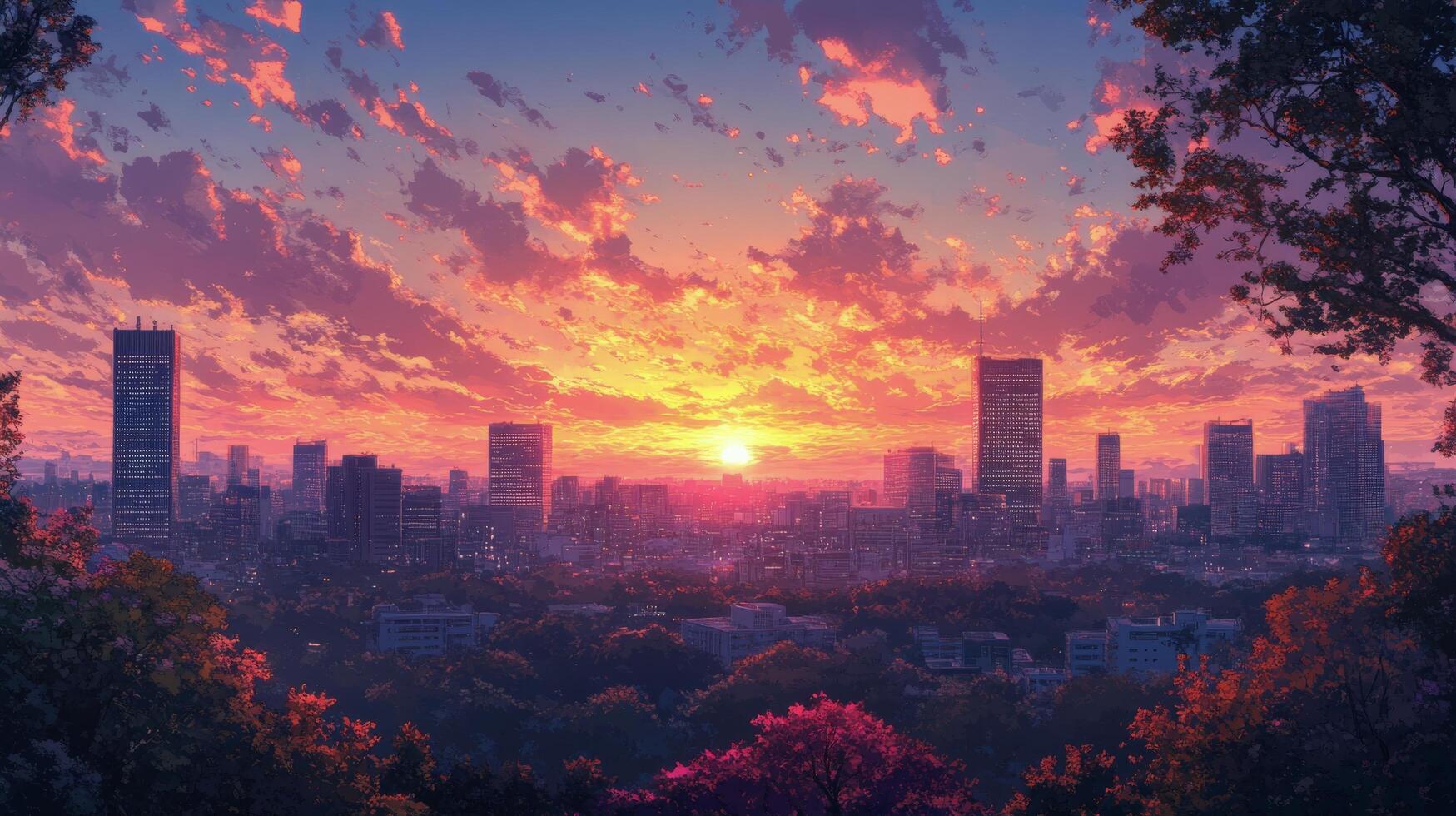 Vibrant sunset over Hong Kong harbor with silhouettes of skyscrapers and distant islands photo