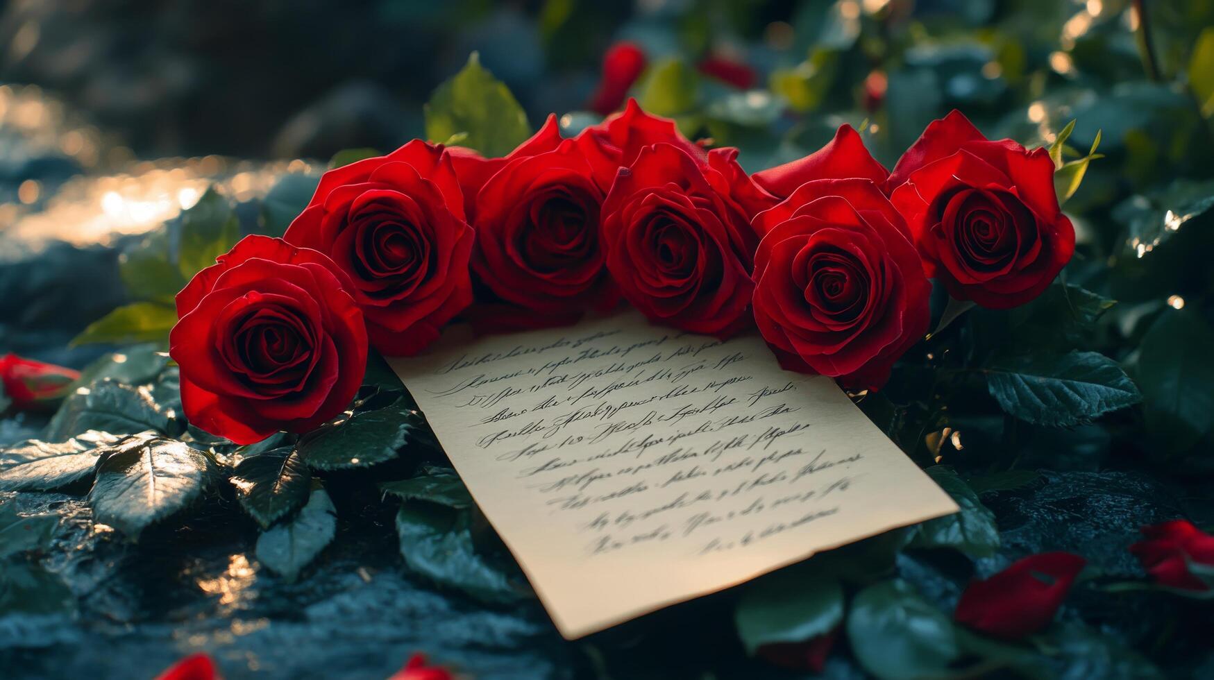 Romantic setting with red roses and a handwritten letter on a bed of green leaves photo