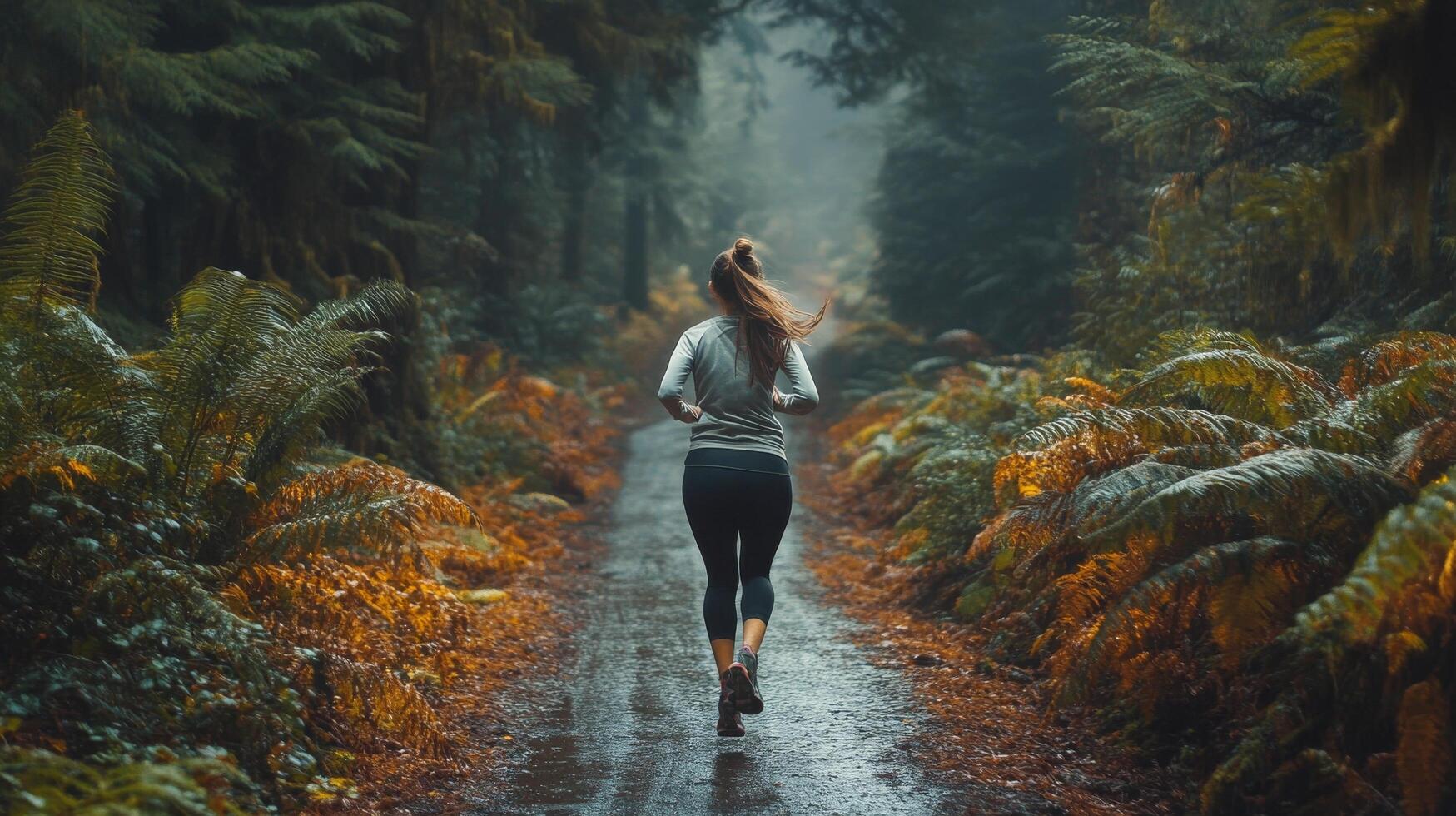 Woman jogging along a forest path surrounded by lush greenery and autumn foliage photo