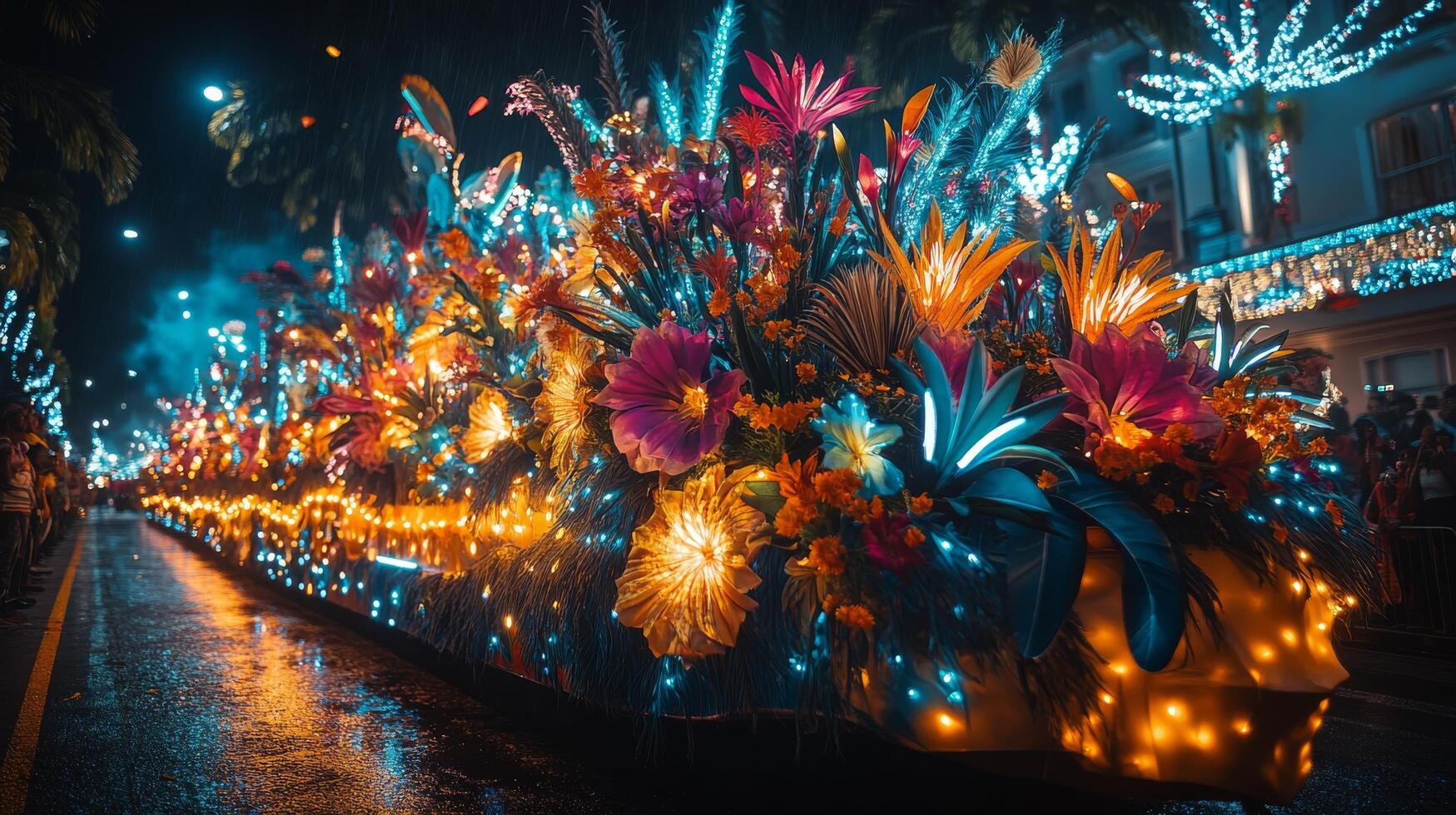 Colorful parade float adorned with vibrant flowers and lights during nighttime celebration photo