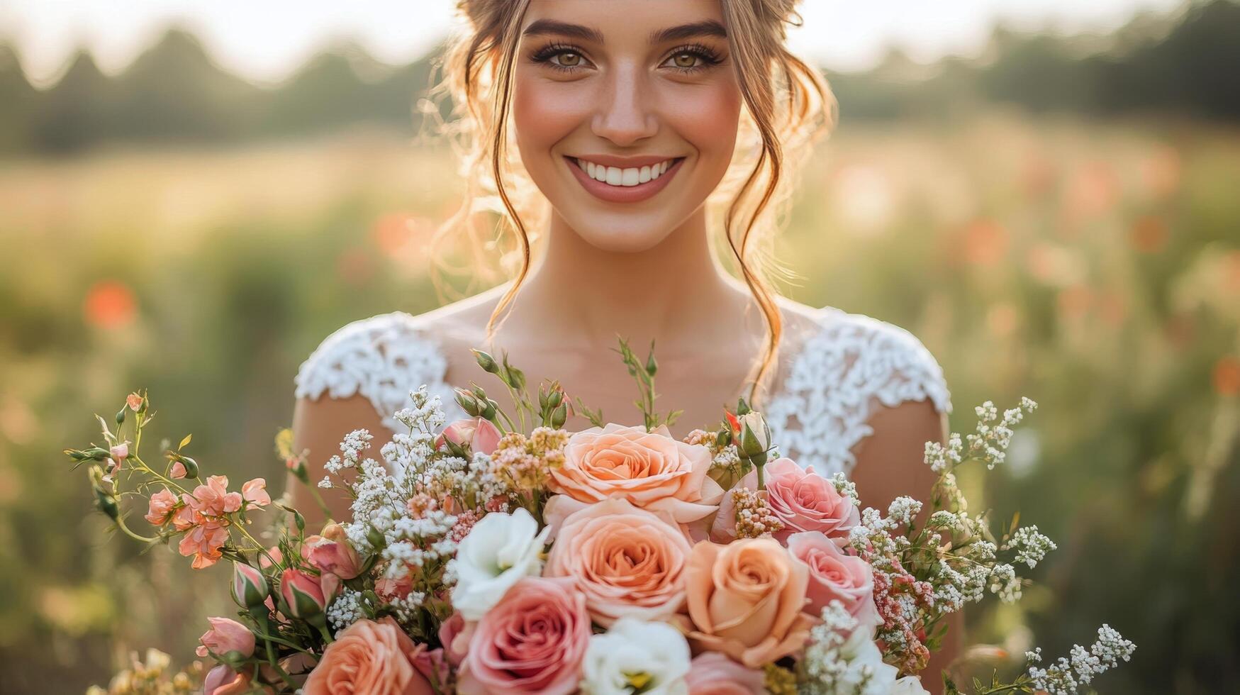 Beautiful bride holding a lush bouquet in a vibrant flower field during golden hour photo