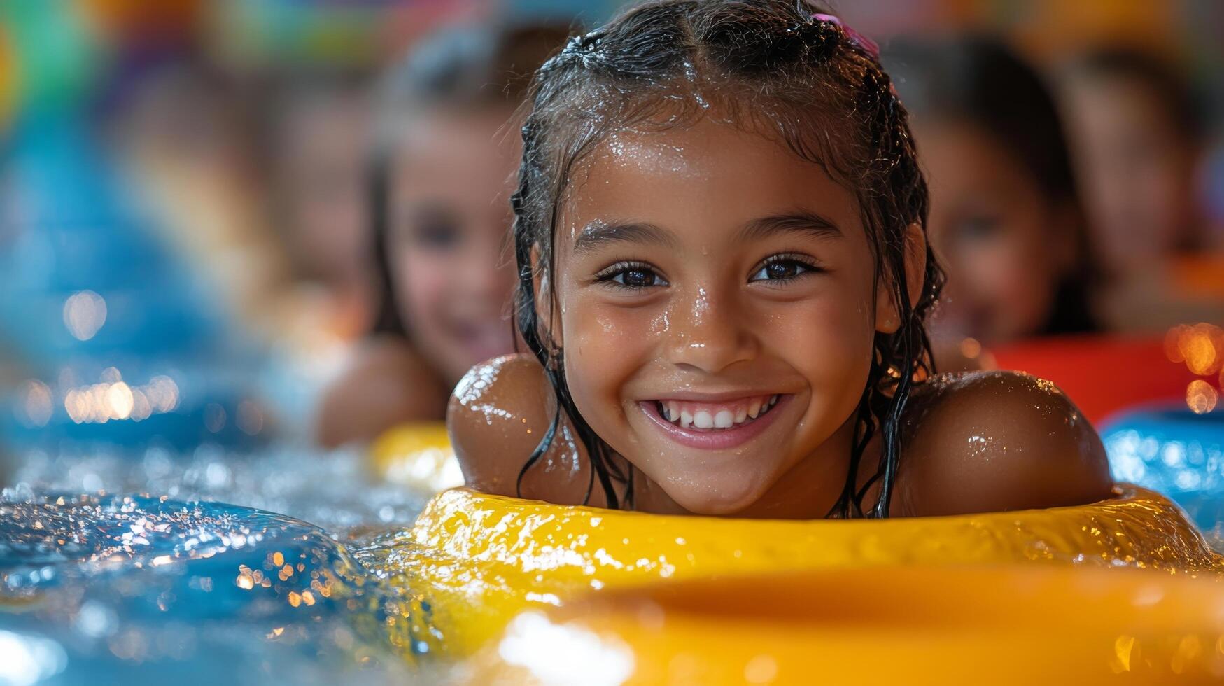 Joyful child smiling at a colorful carnival during a chilly day in autumn photo
