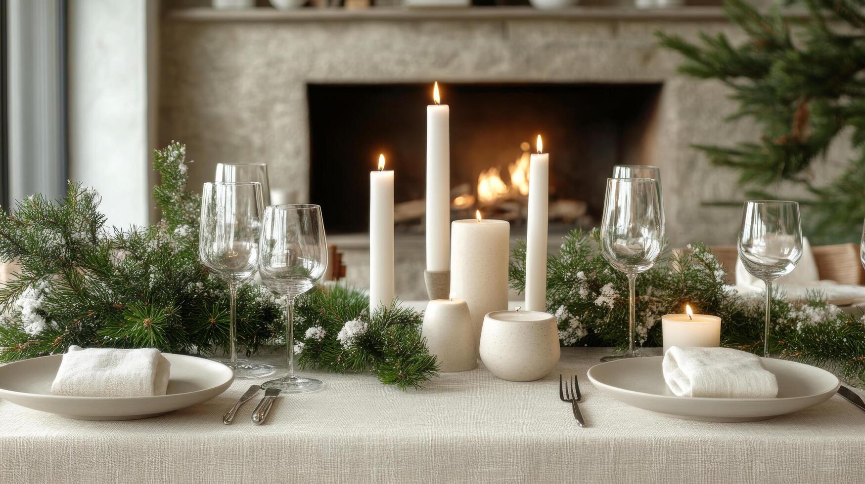 Elegant holiday dining table decorated with candles and greenery in a cozy setting photo