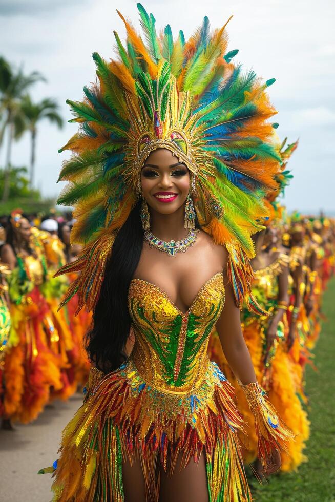 Colorful beach carnival celebration features elaborate costumes and vibrant decorations photo