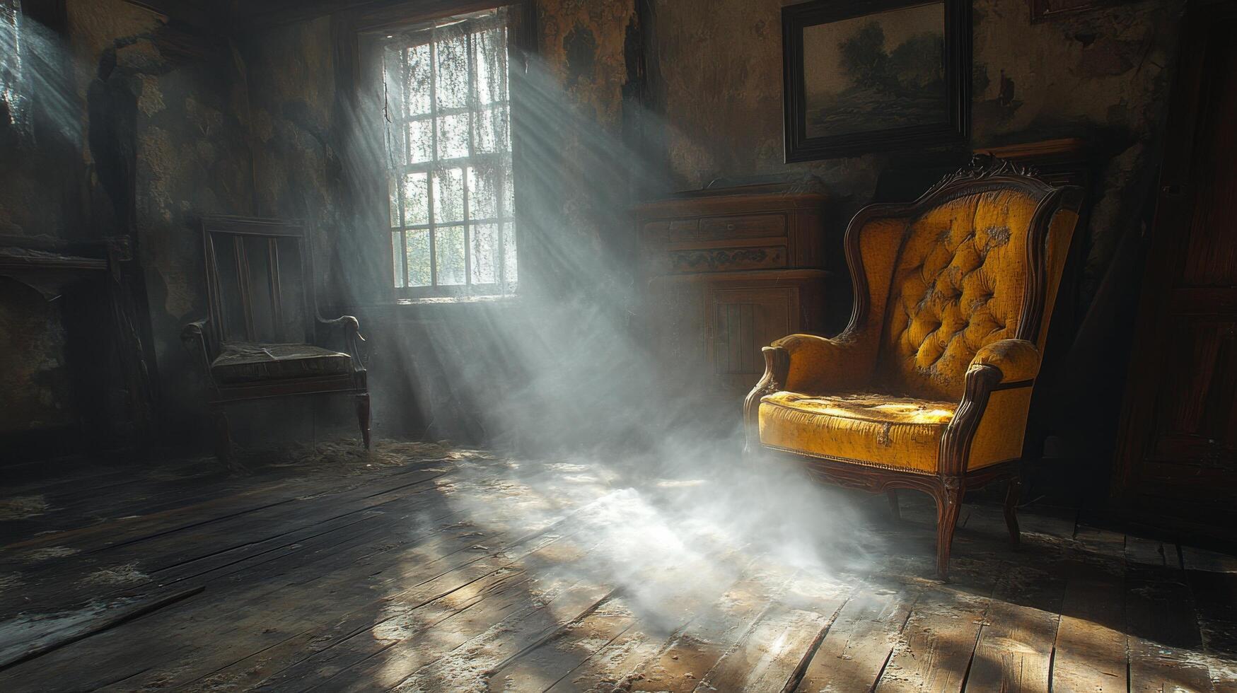 Abandoned room with vintage furniture and web near window in an old house photo