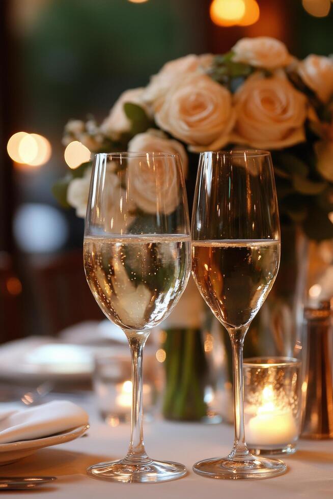 Cozy dining setting with candles and flowers at sunset in a lovely restaurant photo