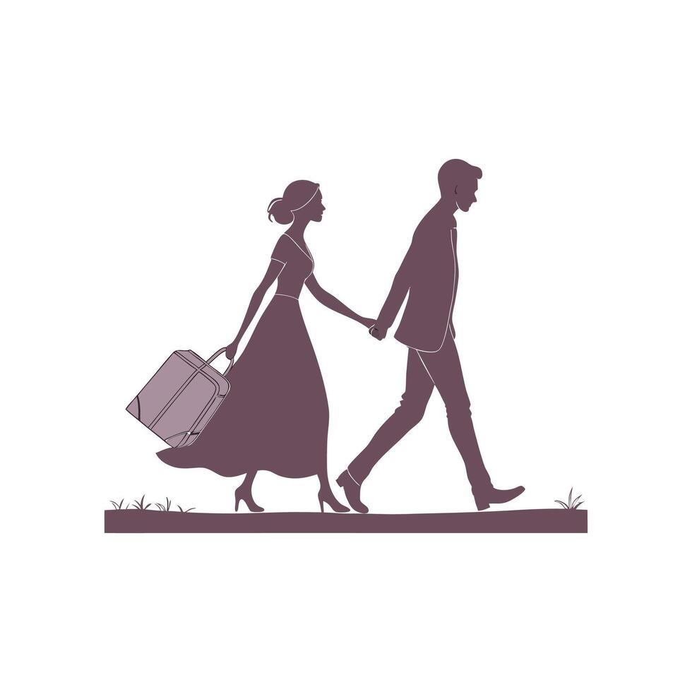 Silhouette of a man and woman walking with luggage vector