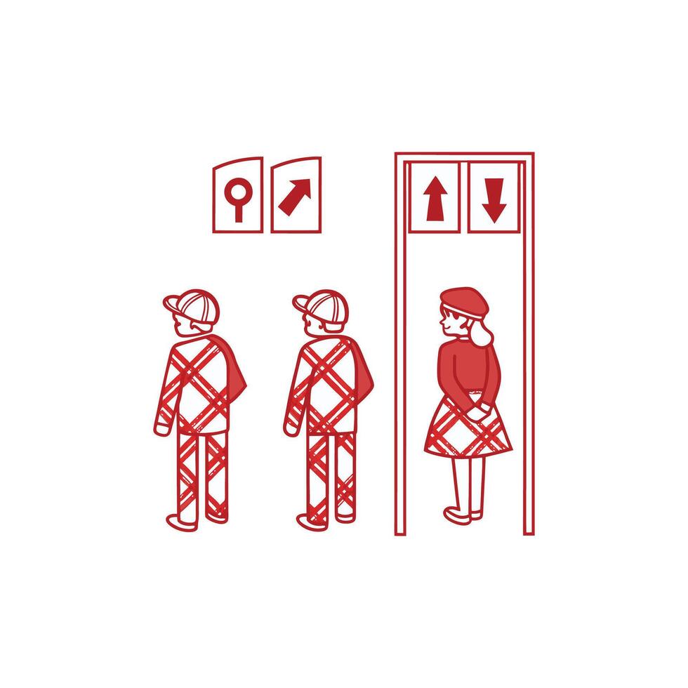A red and white illustration of people standing in a bathroom vector