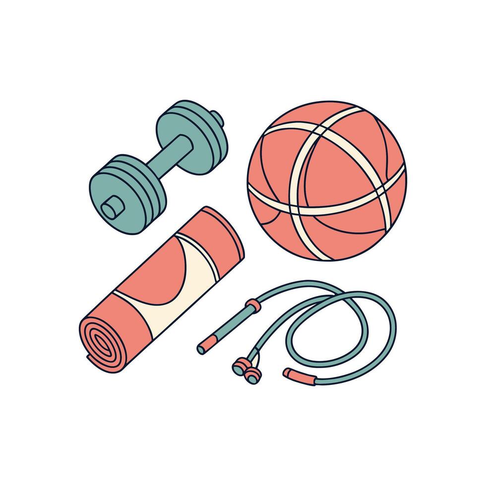 A set of items including a dumbbell, a ball and a rope vector